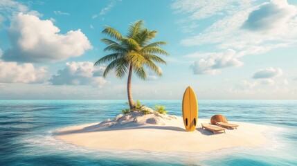 A single palm tree grows on a tiny, pristine island with white sand, a surfboard, and two lounge chairs.
