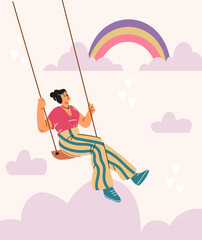 Happy woman in a T-shirt and striped pants riding on a swing among clouds and rainbows.