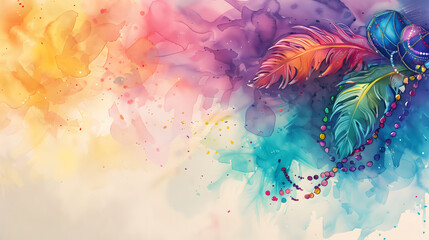 Mardi Gras watercolor banner design with colorful feathers and empty copy space for text. Party invitation template