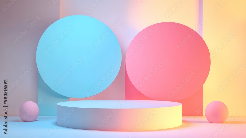 Poster Abstract pastel colored background with circular shapes, a podium and spheres for product display.