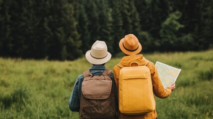 A couple wearing backpacks and hats stands together in a grassy meadow, holding a map, preparing for a hike through the forest..