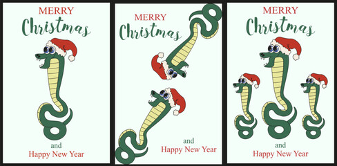 Set Christmas greeting card cover template design with Snake and greeting text. Set 2025 new year postcard. Vector illustration in trendy flat style. EPS 10