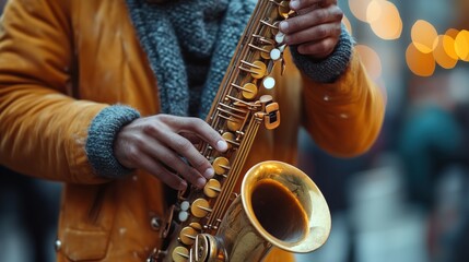 Obraz premium portrait of handsome young saxophone player playing saxophone over gray concrete wall background with copy space for your text