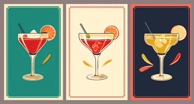 Cocktails retro posters set. Vintage flyers with refreshing alcoholic drinks