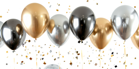 metallic silver black gold balloons with confetti isolated on white or transparent png