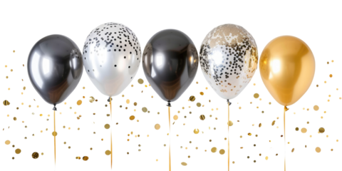 metallic silver black gold balloons with confetti isolated on white or transparent png