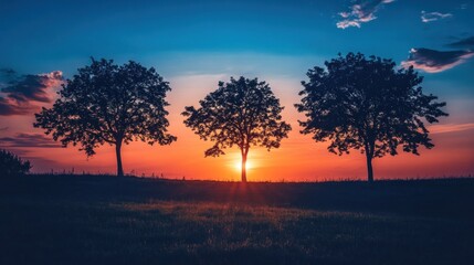 Fototapeta premium Three trees silhouetted against a vibrant sunset.