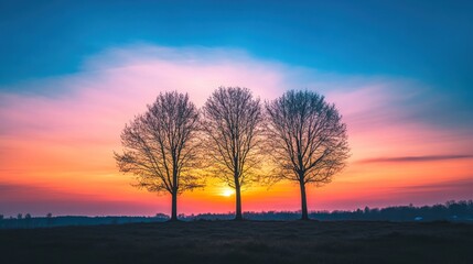 Fototapeta premium Three bare trees stand silhouetted against a vibrant sunrise with a field in the foreground.
