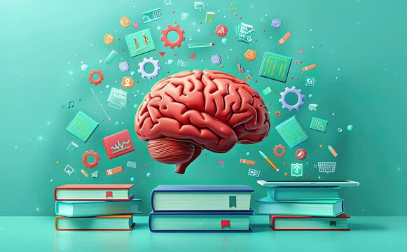 3D illustration of a human brain with books, Education and success concept. Online Education