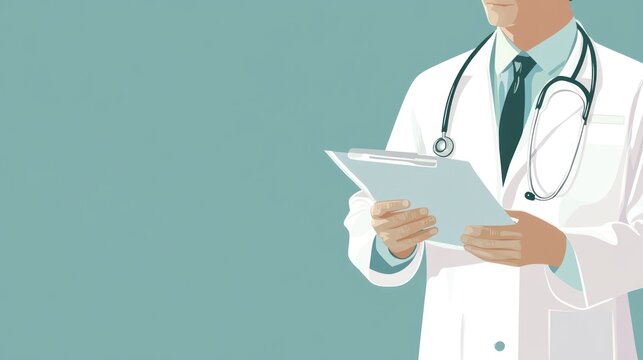 A healthcare professional in a lab coat holding a clipboard, symbolizing medical practice.