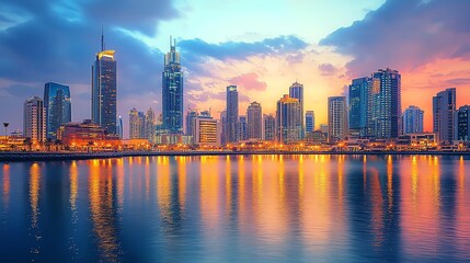 Obraz premium A beautiful panoramic view of Dubai's skyline at sunset.