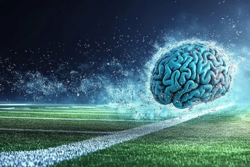A stylized depiction of a football helmet with a brain inside surrounded by impact lines symbolizing the risks to brain health.