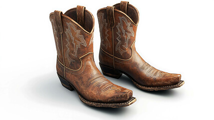 A pair of worn brown leather cowboy boots with intricate stitching.