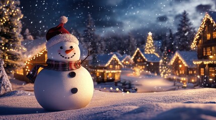 Obraz premium A smiling snowman with a red hat and scarf stands in the snow with a snowy village and decorated Christmas tree in the background.