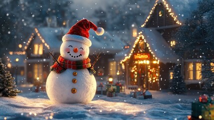 Obraz premium A cheerful snowman wearing a red Santa hat and scarf stands in front of a snowy, festive village with warm lights and falling snow.