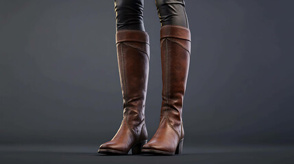 Pair of brown leather knee-high boots with a low heel.