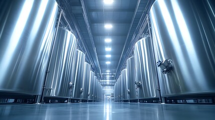 Stainless steel tank with a pristine mirror finish, shining under harsh industrial lights in a clean, high-tech manufacturing facility, highlighting its futuristic design