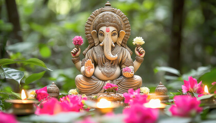 Fototapeta premium Golden ganesha statue sitting on altar surrounded by flowers and tealights for ganesh chaturthi festival