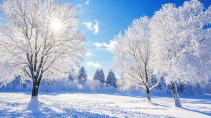 Two snow-covered trees stand tall in a winter wonderland, with a bright blue sky and sunshine peeking through the branches.