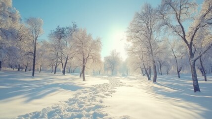 Fototapeta premium Footprints in the snow lead through a snowy forest of bare trees with a blue sky and bright sun.