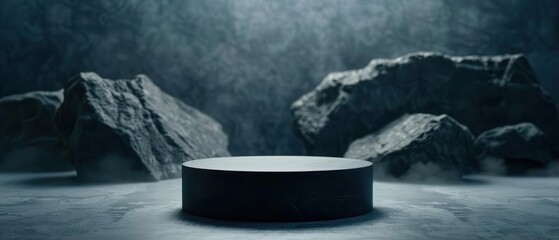 Empty dark podium in soft mist, rugged rocks in background, cinematic lighting, highresolution photography, highend retouching