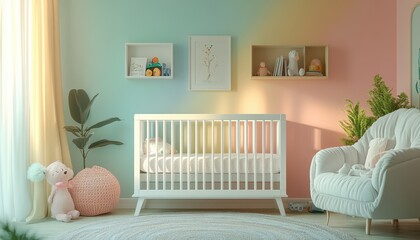 A serene and stylish nursery featuring a cozy crib, plush toys, and calming pastel colors perfect for baby and parent.
