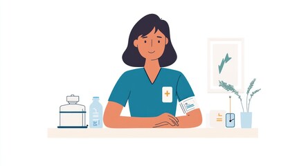 Fototapeta premium A healthcare professional sitting at a desk with medical supplies and a friendly demeanor.