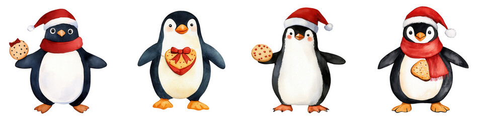 Fototapeta premium A festive collection of cartoon penguins wearing Santa hats and holding cookies, isolated on a white background.