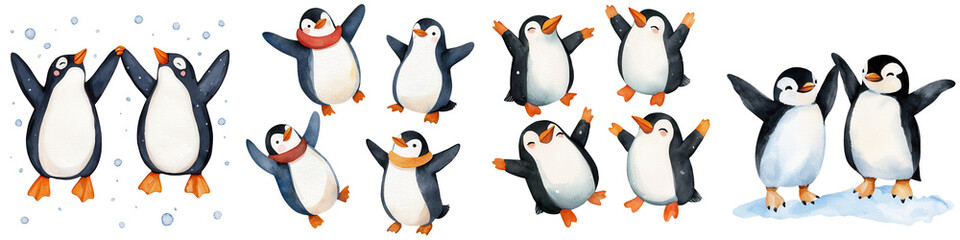Obraz premium Colorful penguin illustrations, playful poses, white isolate background.