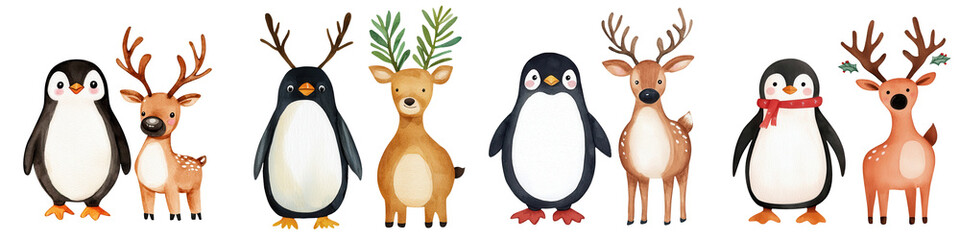 Fototapeta premium Cute penguins and reindeer characters with festive elements, perfect for holiday-themed designs.