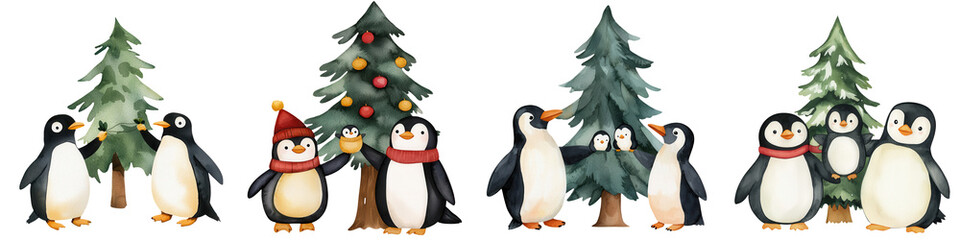 Fototapeta premium Cute penguins decorated for Christmas with festive trees, isolated on a white background.