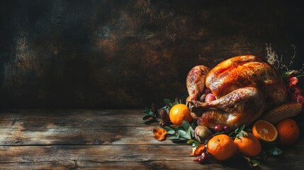 Roasted Turkey with citrus fruit and greenery on wooden table.