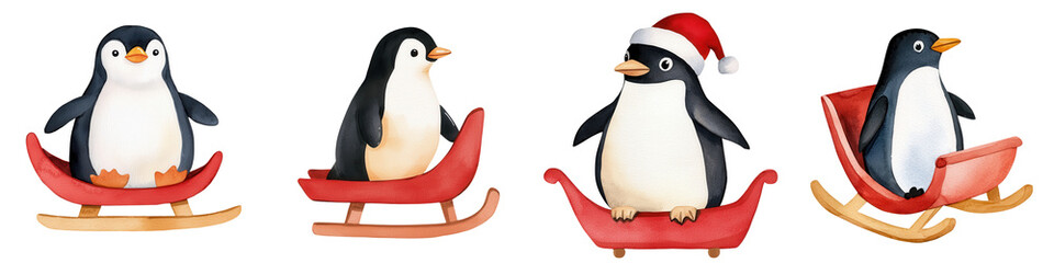 Obraz premium Cute penguins on sleds, isolated on a white background, perfect for winter themed designs.