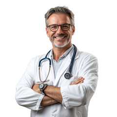 A handsome doctor smiling, wearing glasses and white coat with stethoscope around his neck isolated on clear Transparent background