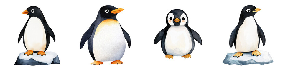 Four adorable penguins standing on ice, showcasing their unique features and playful nature.