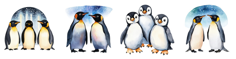 Fototapeta premium Four adorable penguins in various poses, showcasing their charm and playfulness on a white isolated background.