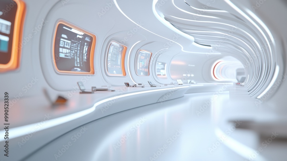 Sticker A futuristic looking room with a long white hallway and orange lights, AI