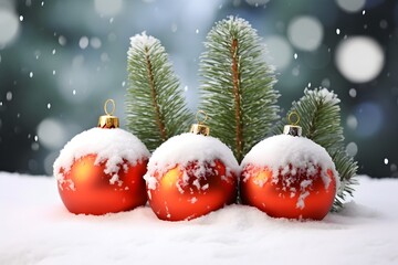 Three Red Christmas Baubles dusted with snow, Fir branches in the background, Snow, Mockup, Merry Christmas Banner with copy space for text HD 