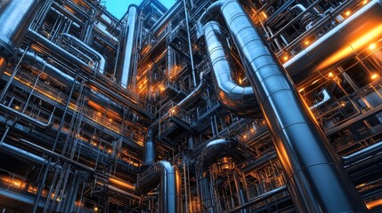 Fototapeta premium Complex network of pipes and steel. This photo can be used for projects relating to infrastructure, industry, or engineering.