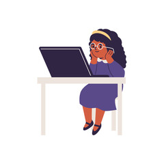 Cute girl watching at the laptop or tablet, vector child using gadgets, online education, communication entertainment