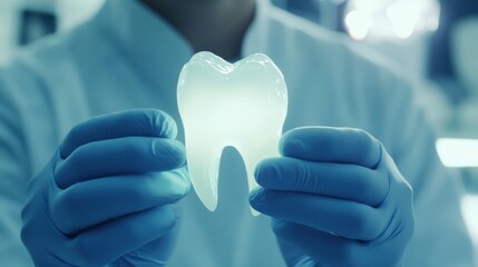Close-up of gloved hands holding a white tooth model.