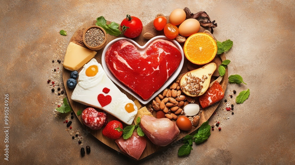 Poster A heart-shaped arrangement of various healthy foods promoting nutrition and well-being.