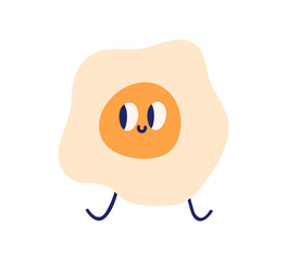Fried egg character with cute happy face. Funny quirky playful breakfast food in kawaii doodle kids style. Smiling joyful yolk emoji. Childish flat vector illustration isolated on white background