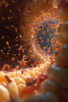 a realistic view into the colon, with microvilli and small bacteria