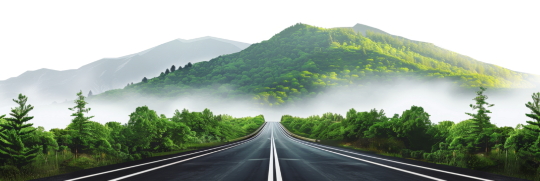 The PNG file features a straight empty road crossing through a summer green forest, with the background removed to create an atmospheric scene against a clear backdrop.