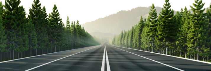 The image shows an empty road winding through a dense green forest, with the background removed to focus on the road and surrounding trees, creating a serene scene.