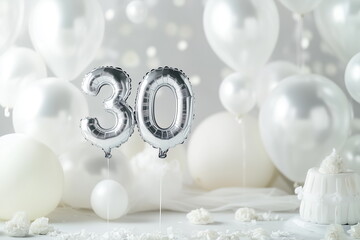 	
Silver helium floating balloons made in shape of number thirty. Birthday party or wedding anniversary for 30 years celebration. Elegant white balloons decorations, cake