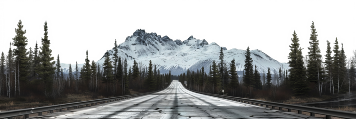 The image depicts a road leading toward a snow-covered mountain, with the sky removed to emphasize the journey through a serene winter landscape.