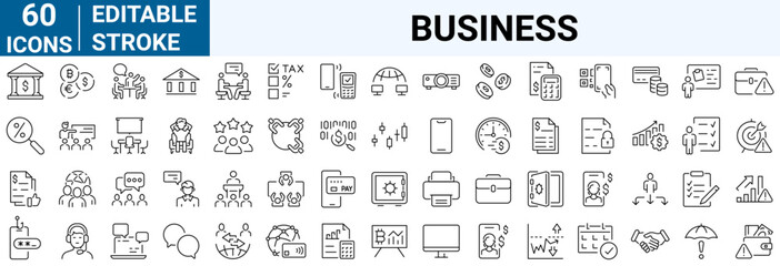 Business line icons. Team, business people, human resources, collaboration, research, meeting, partnership, support, businessman. Editable stroke. Vector illustration