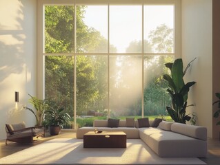 Fototapeta premium Elegant living room with an ISO A4 frame mockup, modern furniture, and natural light coming through large windows showing the house exterior